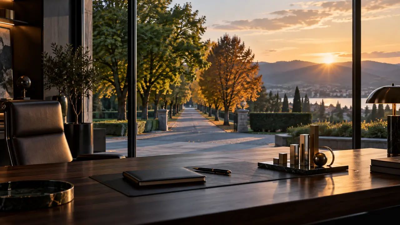 Bureau de direction élégant avec documents financiers et vue sur une skyline au crépuscule