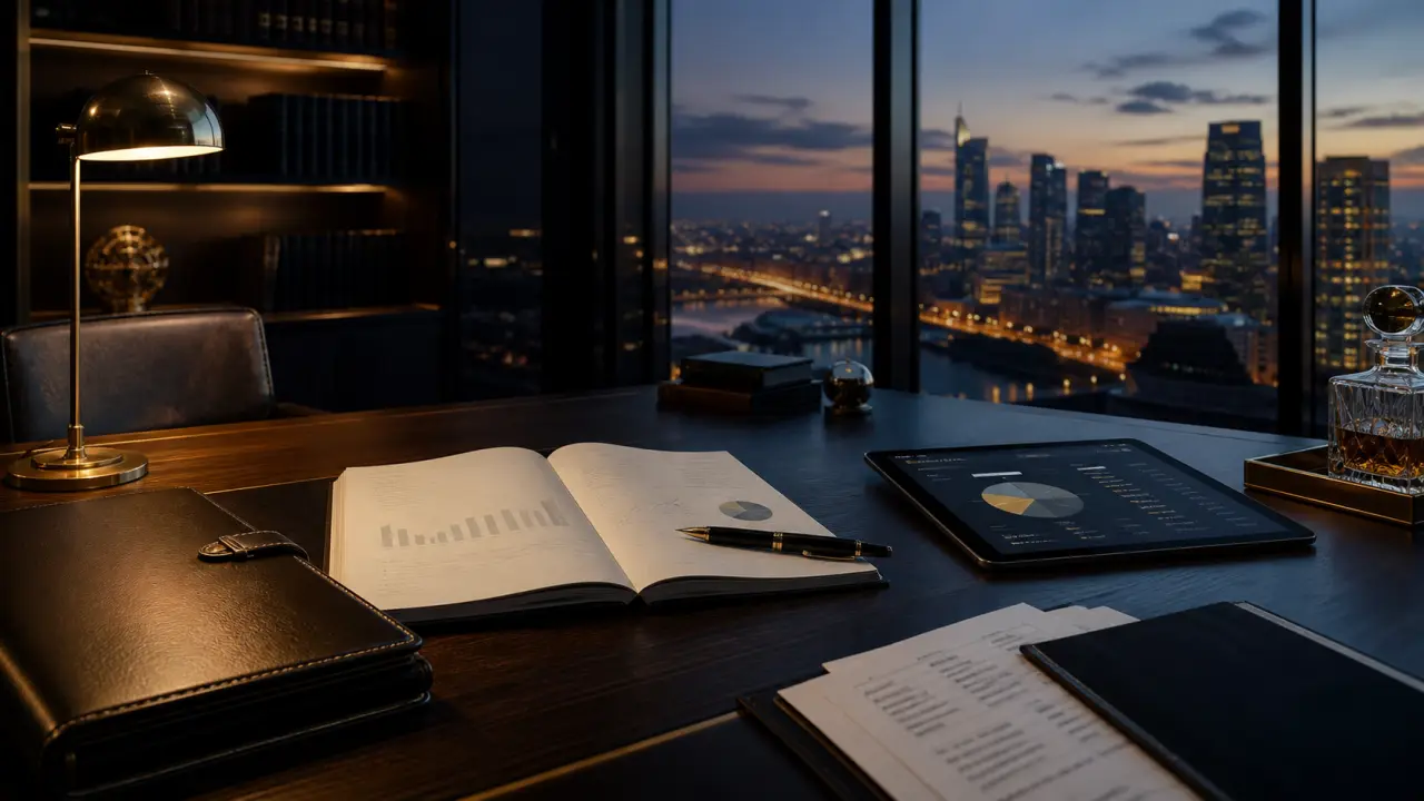 Bureau de direction contemporain avec vue urbaine au crépuscule, atmosphère luxueuse et confidentielle