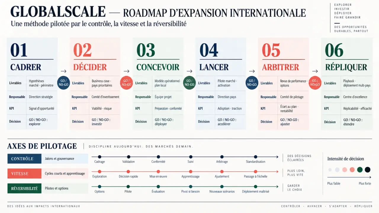 Infographie de la stratégie expansion internationale GlobalScale roadmap en six phases