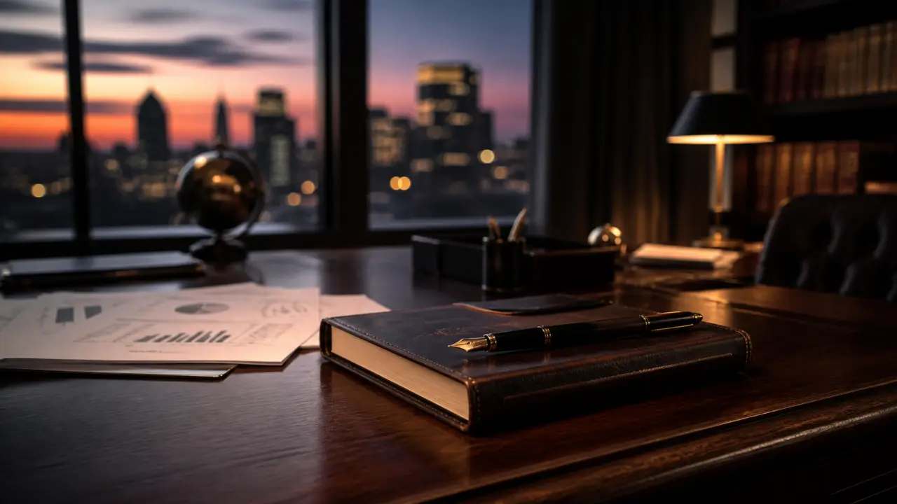 Bureau de direction moderne avec vue sur une skyline au crépuscule, ambiance confidentielle et haut de gamme.