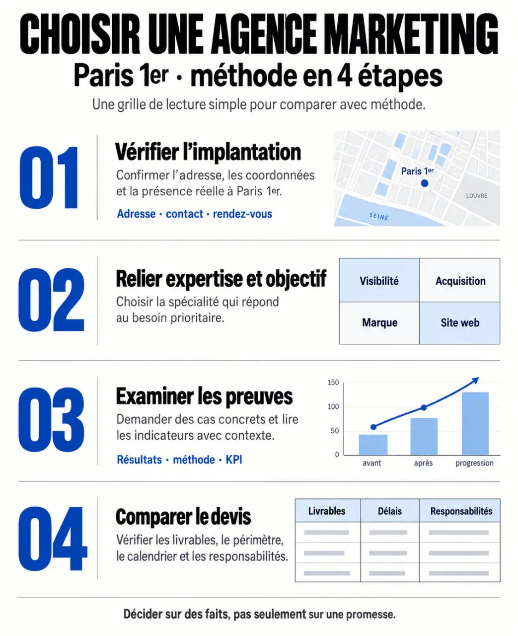 Infographie pour choisir une agence marketing Paris 1 selon son implantation, son expertise, ses preuves et son devis