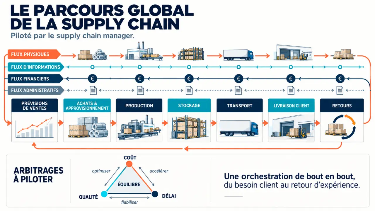 Infographie du rôle du supply chain manager et du parcours des flux de l'approvisionnement aux retours